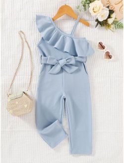 Toddler Girls Exaggerated Ruffle Trim Asymmetrical Neck Belted Jumpsuit