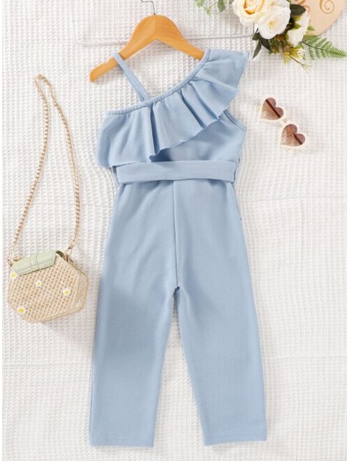 Shein Toddler Girls Exaggerated Ruffle Trim Asymmetrical Neck Belted Jumpsuit