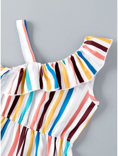 Shein Toddler Girls Block Striped Asymmetrical Neck Ruffle Trim Jumpsuit