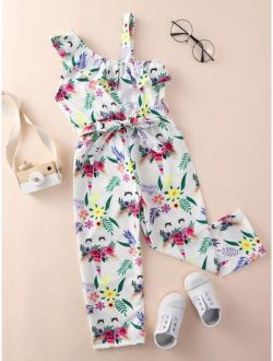 Toddler Girls Floral Print Asymmetrical Neck Ruffle Trim Belted Jumpsuit