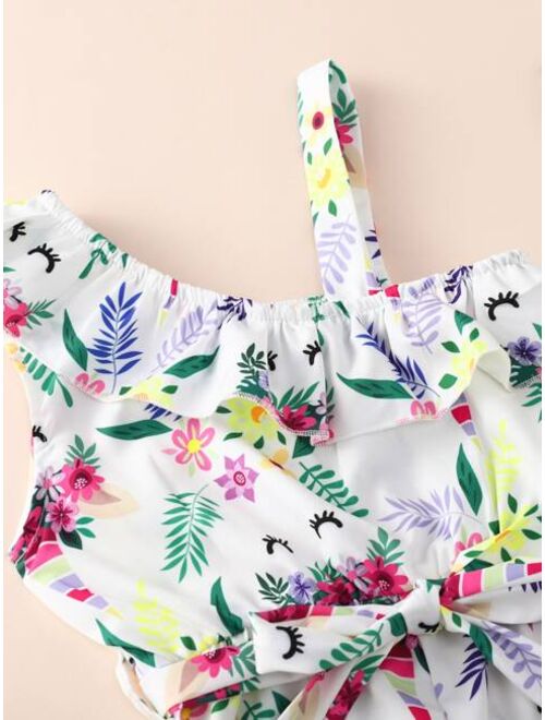 Shein Toddler Girls Floral Print Asymmetrical Neck Ruffle Trim Belted Jumpsuit