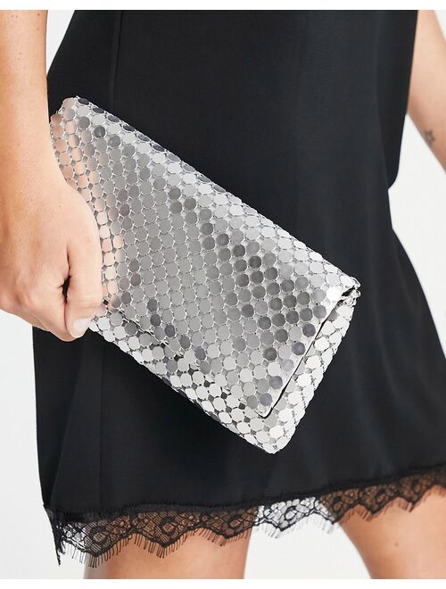 True Decadence foldover clutch bag in silver mesh