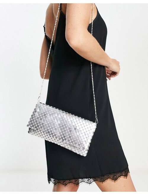 True Decadence foldover clutch bag in silver mesh