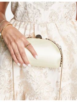 champagne satin half moon clutch bag with crystal embellishment