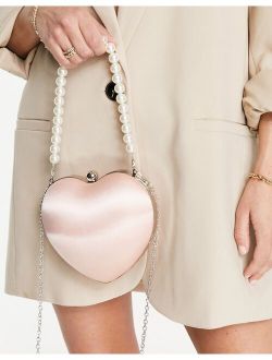Exclusive heart clutch bag in pink satin with faux pearl handle