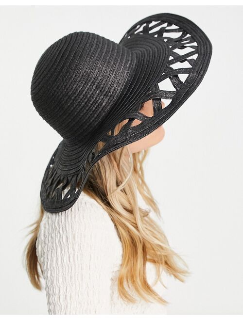 South Beach wide brim hat with cutwork in black straw