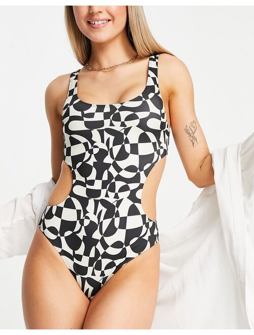 Monki side cut out swimsuit in black and white graphic print