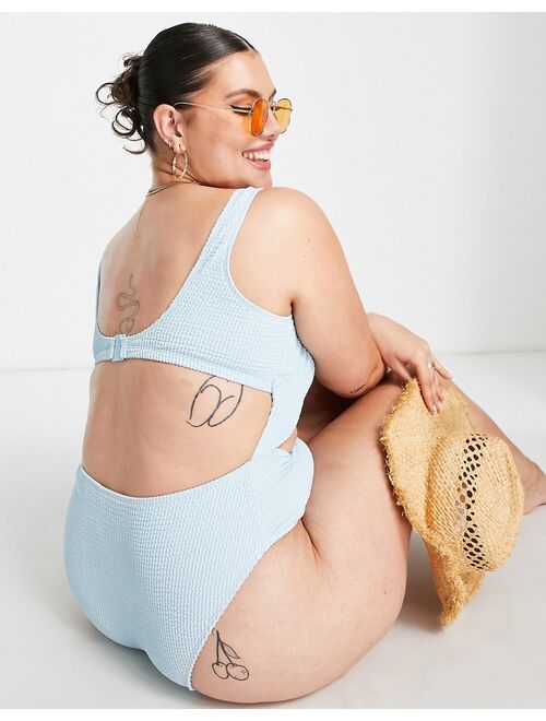 Peek & Beau Curve Exclusive cut out swimsuit with tie detail in baby blue scrunch