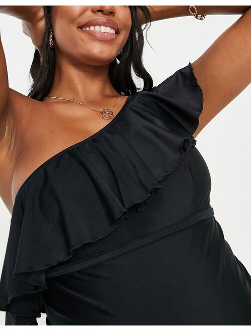 Wolf & Whistle Maternity Exclusive one shoulder frill swimsuit in black