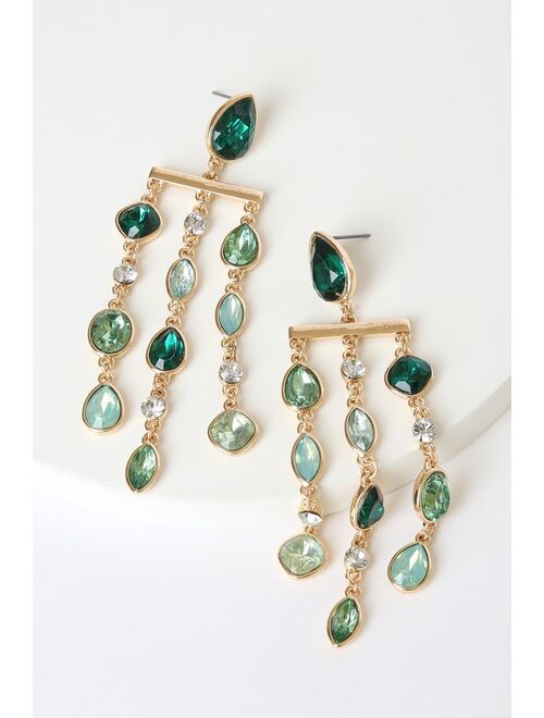 Lulus Opulent Occasion Gold and Green Statement Drop Earrings