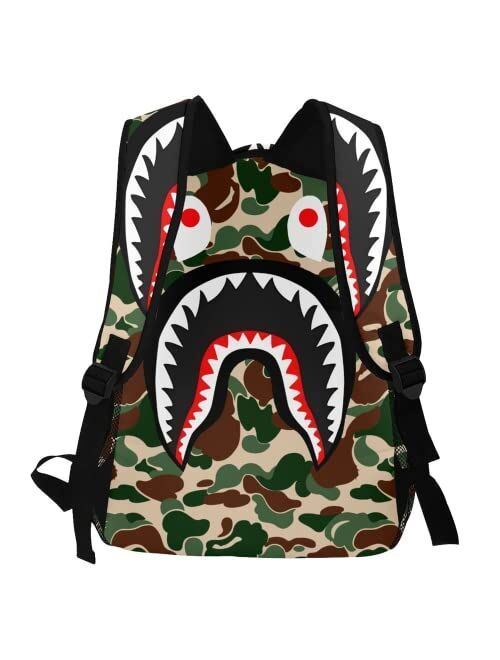Ujxoihl Shark Teeth Blue Pink Camo Backpacks Travel Laptop Daypack School Bags For Teens Men Women