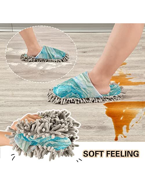 Kigai Microfiber Cleaning Slippers Blue Marbling Washable Mop Shoes Slipper for Men/Women House Floor Dust Cleaner, Size M