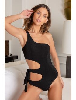 Just Add Water Black Ribbed One-Shoulder Side-Tie Swimsuit