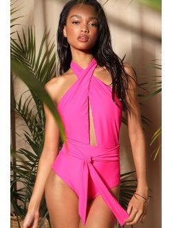 Miami Moment Hot Pink Halter Plunge One-Piece Swimsuit
