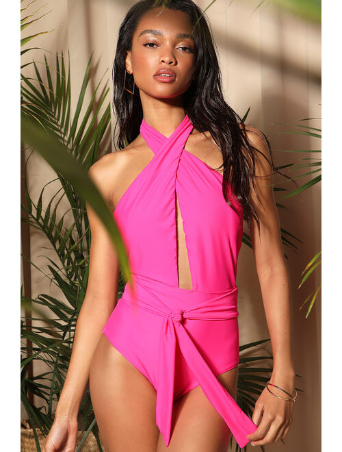 Lulus Miami Moment Hot Pink Halter Plunge One-Piece Swimsuit
