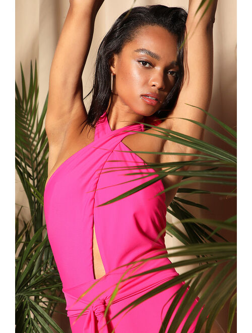 Lulus Miami Moment Hot Pink Halter Plunge One-Piece Swimsuit