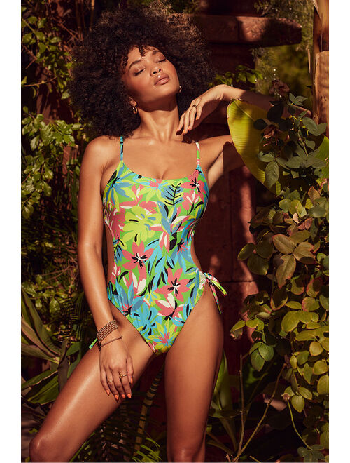 Lulus Sandy Love Green Tropical Print One-Piece Swimsuit