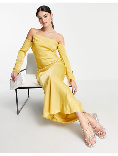 ASOS DESIGN Satin asymmetric maxi dress with cold shoulder detail in gold