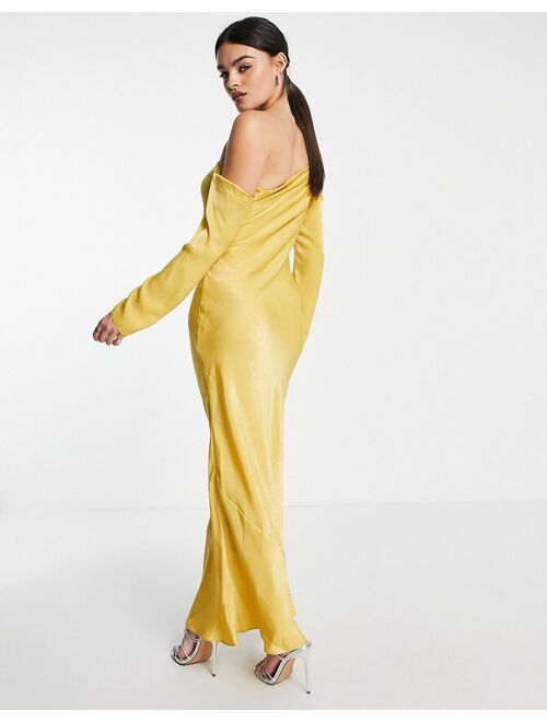 ASOS DESIGN Satin asymmetric maxi dress with cold shoulder detail in gold
