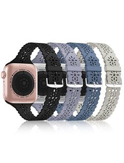 [Bandiction 4 Pack] Lace Silicone Bands Compatible with Apple Watch Band 38mm 40mm 42mm 44mm,Women Slim Thin Hollow-out iWatch Sport Wristband with Classic Clasp for iWat