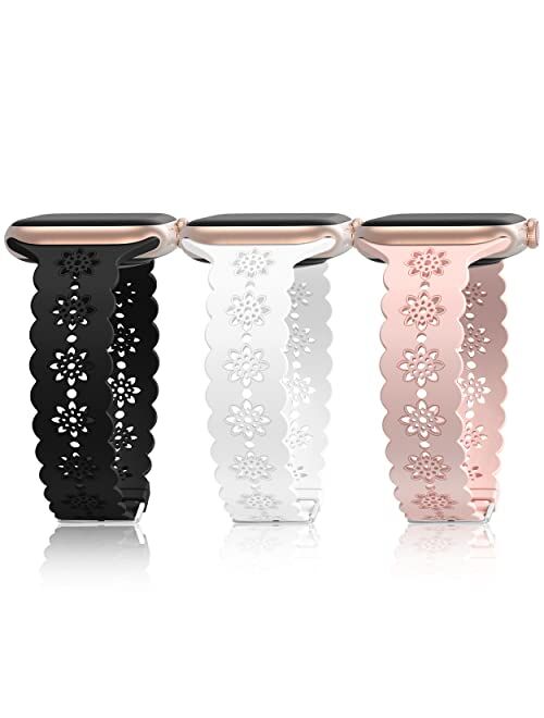 iWabcertoo Lace Silicone Bands Compatible with Apple Watch Band 38mm 40mm 41mm 42mm 44mm 45mm for Women Men, 3 Pack Soft Floral Hollow-out Sport Waterproof Strap for iWat