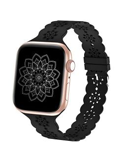 Wewatri Floral Silicone Band Compatible with Apple Watch Bands 38mm 40mm 42mm 44mm 41mm 45mm Women Men, Slim Hollow-Out Design Wristbands Soft Sport Breathable Watch Band