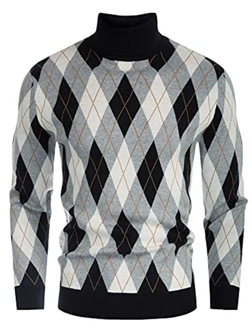 PJ PAUL JONES Men's Argyle Turtlenecks Sweater Vintage Thermal Knitted Pullover