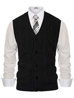 Mens Cable Knit Sweater Vest Button Down V Neck Slim Fit Sweater Vests Knitwear