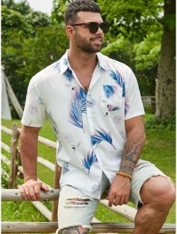 Extended Sizes Men Crane And Tropical Print Button Up Shirt