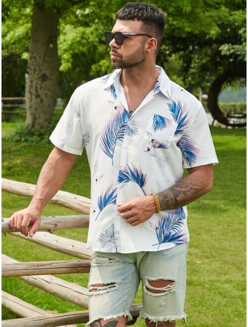 Shein Extended Sizes Men Crane And Tropical Print Button Up Shirt