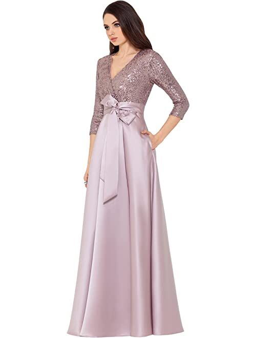 XSCAPE 3/4 Sleeve Sequin Top Stain Ballgown