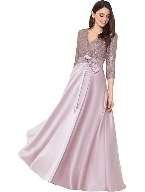 XSCAPE 3/4 Sleeve Sequin Top Stain Ballgown