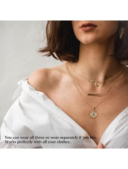 Ursteel Layered Initial Necklaces for Women, 14K Gold Plated Dainty Infinity Circles Bar Hexagon Letter Pendant Necklace Jewelry Gifts for Women Teens, Trendy 3 Separate 