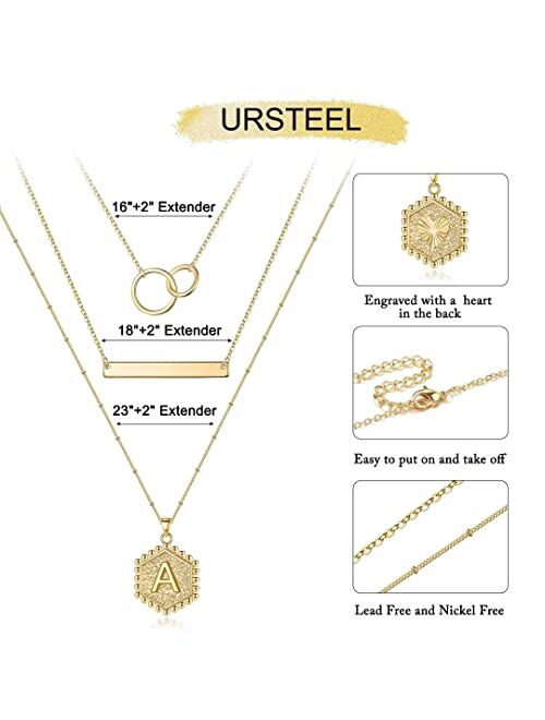 Ursteel Layered Initial Necklaces for Women, 14K Gold Plated Dainty Infinity Circles Bar Hexagon Letter Pendant Necklace Jewelry Gifts for Women Teens, Trendy 3 Separate 