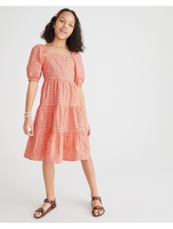 Girls' puff-sleeve tiered dress in floral
