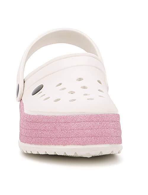 Olivia Miller Kid's Shoes, Pink Skies Collide Light Grey Off White Glitter Slip-On Girls Children Girls Slippers Clogs Platform Slide Sandals