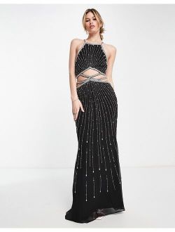 strappy maxi dress with pearl and linear embellishment in black