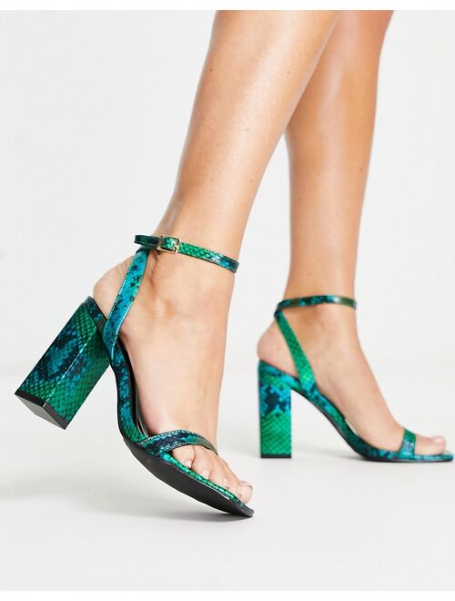 Raid Garry mid heel sandals in blue and green snake print