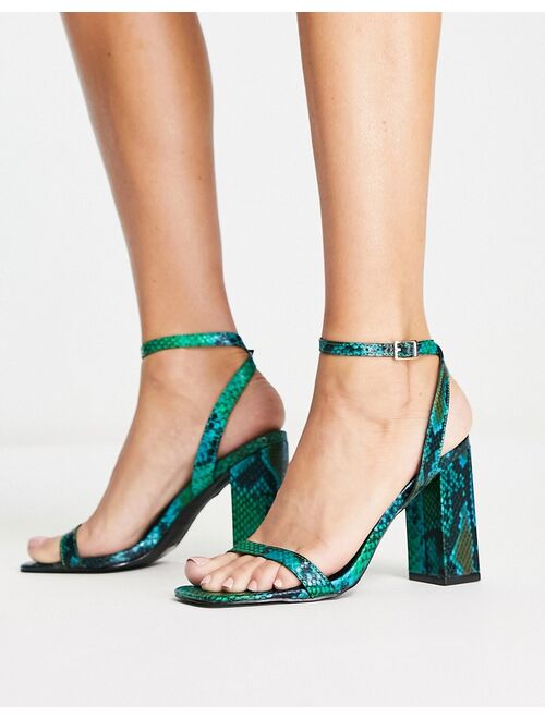 Raid Garry mid heel sandals in blue and green snake print