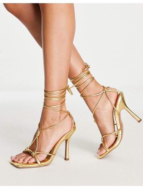 ASOS DESIGN Wide Fit Nifty tie leg heeled sandals in gold