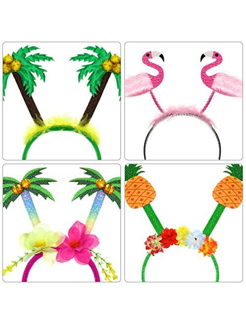 Jovitec 4 Pieces Hawaiian Party Head Boppers Set includes Palm Tree Head Bopper, Flamingo Party Glitter Head Bopper, Pineapple Party Head Bopper