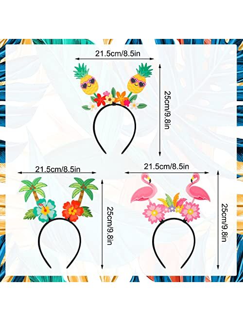 Janinka 3 Pcs Tropical Headbands Including Flamingo, Flower Pineapple and Summer Palm Tree Head Boppers Headband Costume with Hibiscus Floral for Women Ladies Girls Party