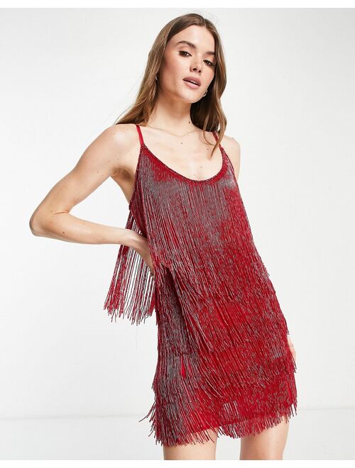 ASOS DESIGN embellished fringed mini dress in red