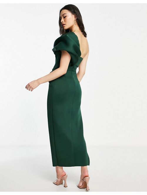 ASOS DESIGN one shoulder seamed bust midi dress with high leg split in forest green