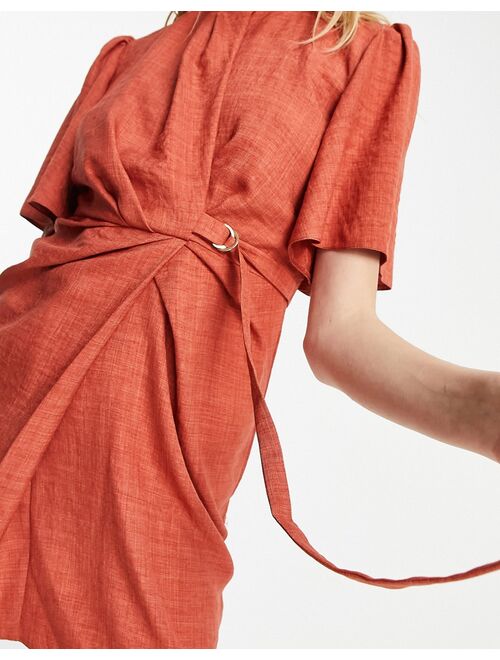 ASOS DESIGN high neck linen drape mini dress with belt detail in rust