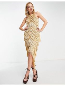 fringe halter midi dress with embellishment in gold