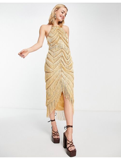 ASOS DESIGN fringe halter midi dress with embellishment in gold