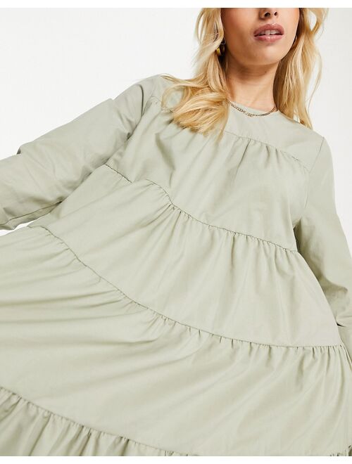 ASOS DESIGN cotton poplin tiered long sleeve mini smock dress in khaki