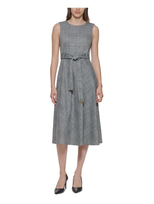 Calvin Klein Plaid Belted Fit & Flare Midi Dress