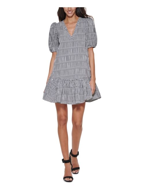 Calvin Klein Petite Puff-Sleeve Gingham A-Line Dress